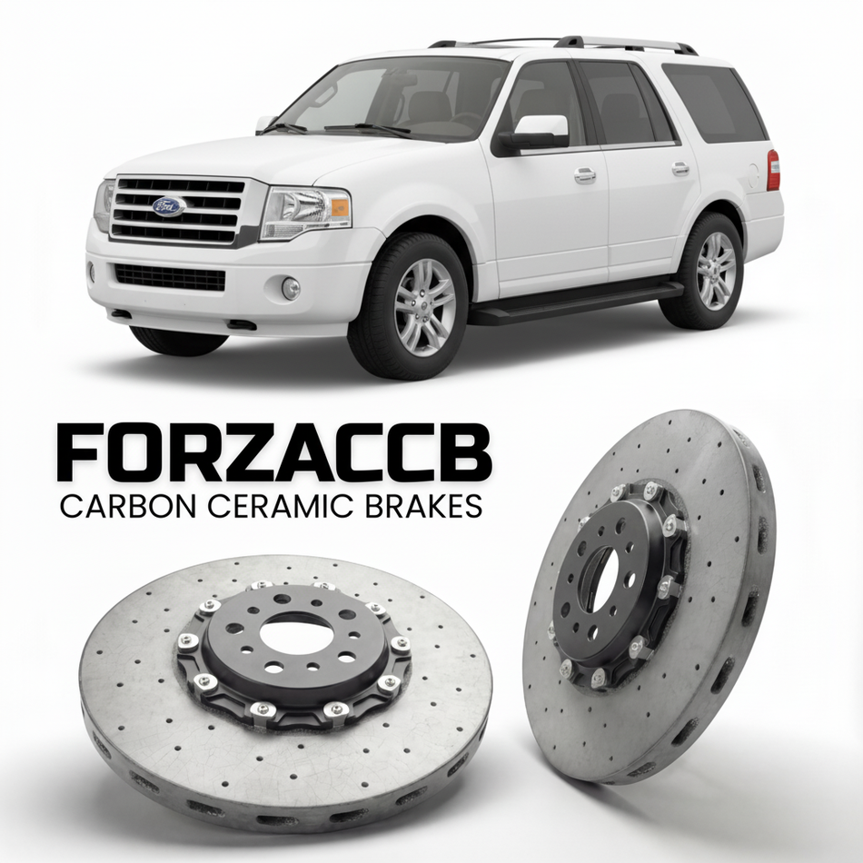 ForzaCCB direct OEM replacement carbon ceramic brake rotors for 2006-2014) Ford Expedition III EL (U354 models, shown with a white Ford Expedition car.