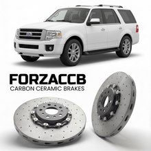 ForzaCCB direct OEM replacement carbon ceramic brake rotors for 2006-2014) Ford Expedition III (U324 models, shown with a white Ford Expedition car.