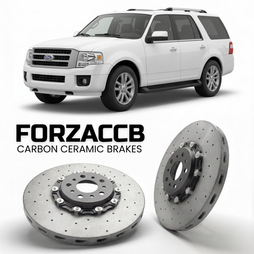 ForzaCCB direct OEM replacement carbon ceramic brake rotors for 2006-2014) Ford Expedition III (U324 models, shown with a white Ford Expedition car.