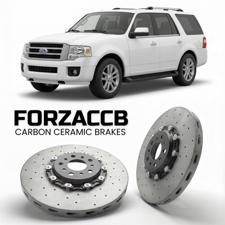 ForzaCCB direct OEM replacement carbon ceramic brake rotors for 2006-2014) Ford Expedition III (U324 models, shown with a white Ford Expedition car.