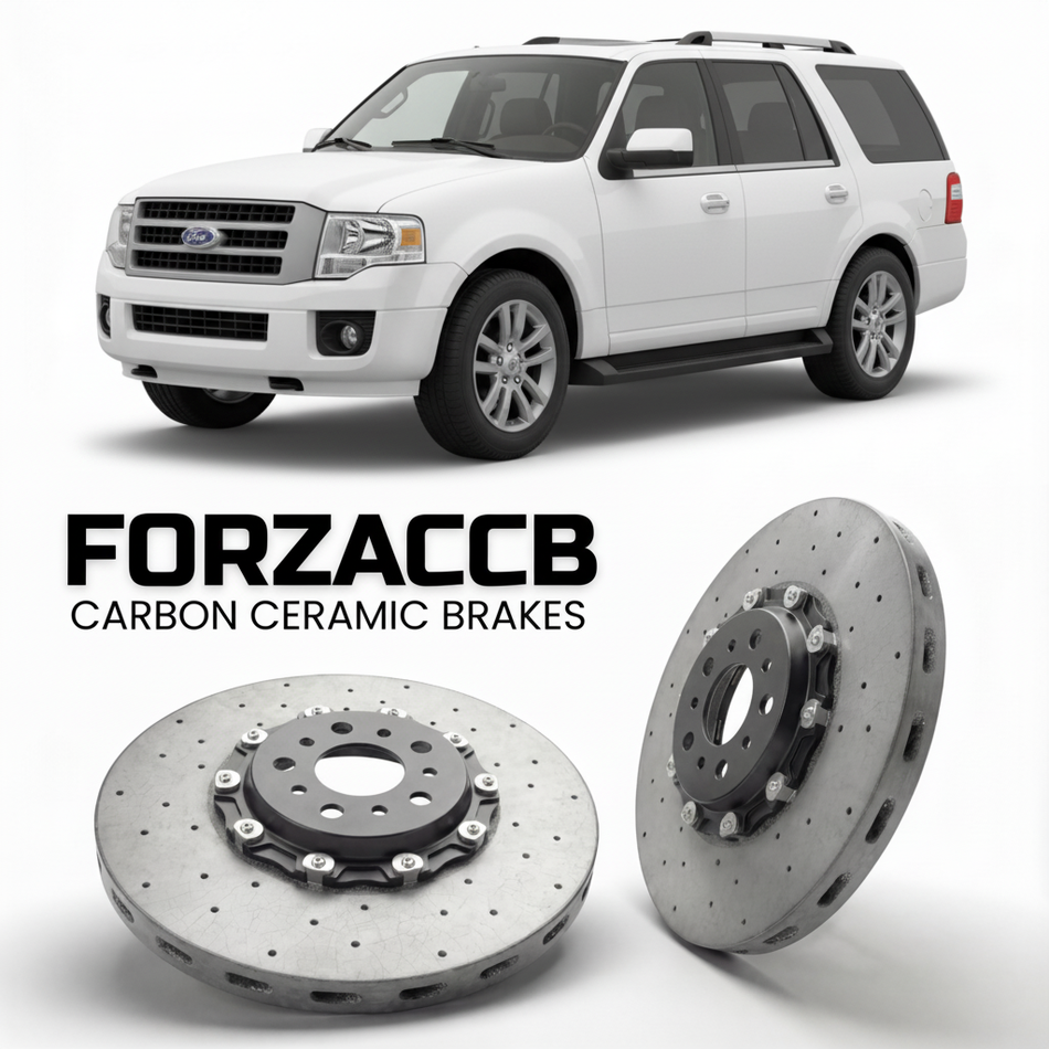 ForzaCCB direct OEM replacement carbon ceramic brake rotors for 2006-2014) Ford Expedition III (U324 models, shown with a white Ford Expedition car.