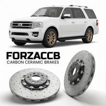 ForzaCCB direct OEM replacement carbon ceramic brake rotors for 2014-2017) Ford Expedition III EL (U3542, facelift 2014 models, shown with a white Ford Expedition car.