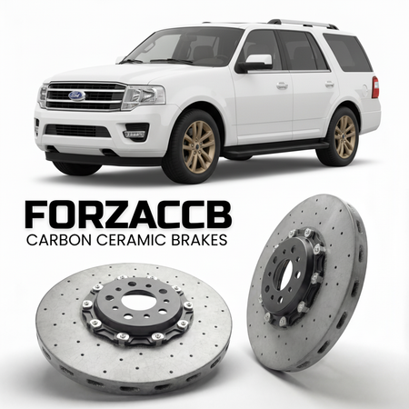 ForzaCCB direct OEM replacement carbon ceramic brake rotors for 2014-2017) Ford Expedition III EL (U3542, facelift 2014 models, shown with a white Ford Expedition car.