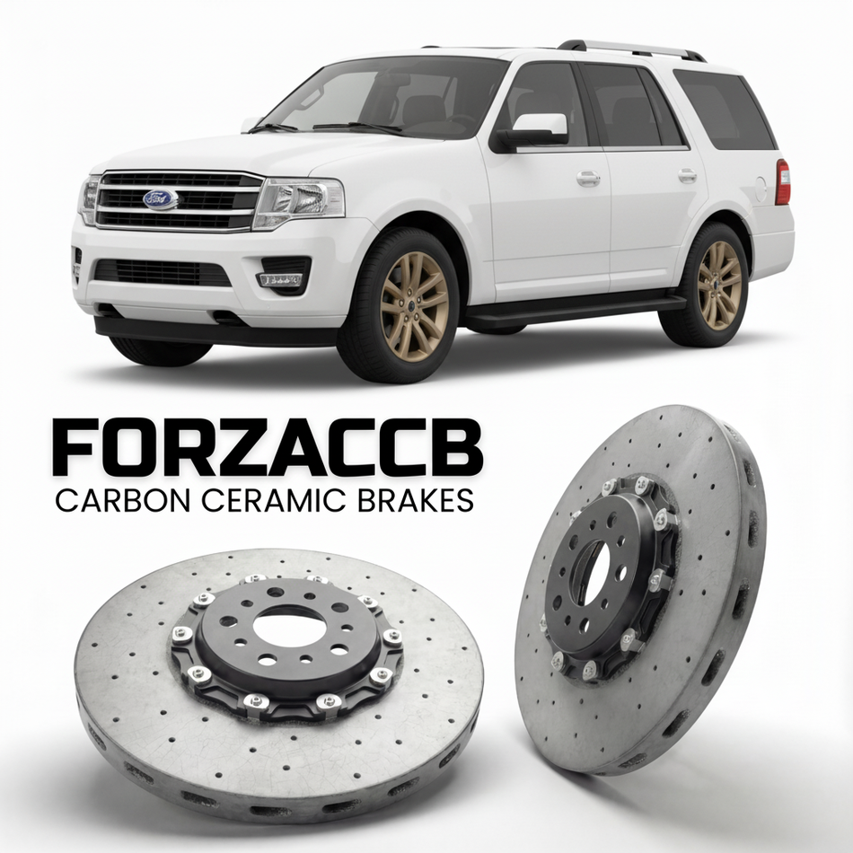 ForzaCCB direct OEM replacement carbon ceramic brake rotors for 2014-2017) Ford Expedition III EL (U3542, facelift 2014 models, shown with a white Ford Expedition car.