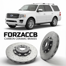 ForzaCCB direct OEM replacement carbon ceramic brake rotors for 2014-2017) Ford Expedition III (U3242, facelift 2014 models, shown with a white Ford Expedition car.