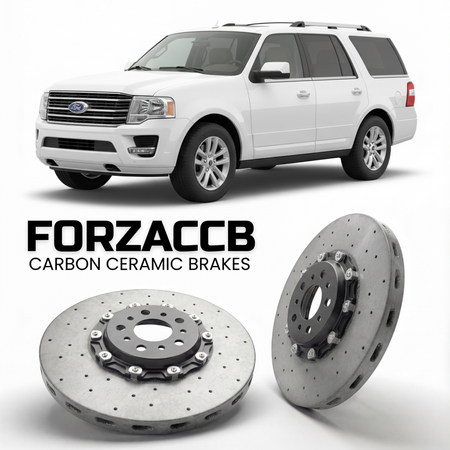 ForzaCCB direct OEM replacement carbon ceramic brake rotors for 2014-2017) Ford Expedition III (U3242, facelift 2014 models, shown with a white Ford Expedition car.