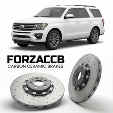 ForzaCCB direct OEM replacement carbon ceramic brake rotors for 2017-2021) Ford Expedition IV MAX (U553 models, shown with a white Ford Expedition car.