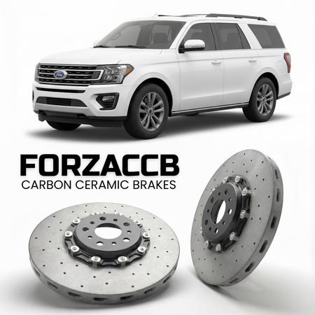 ForzaCCB direct OEM replacement carbon ceramic brake rotors for 2017-2021) Ford Expedition IV MAX (U553 models, shown with a white Ford Expedition car.