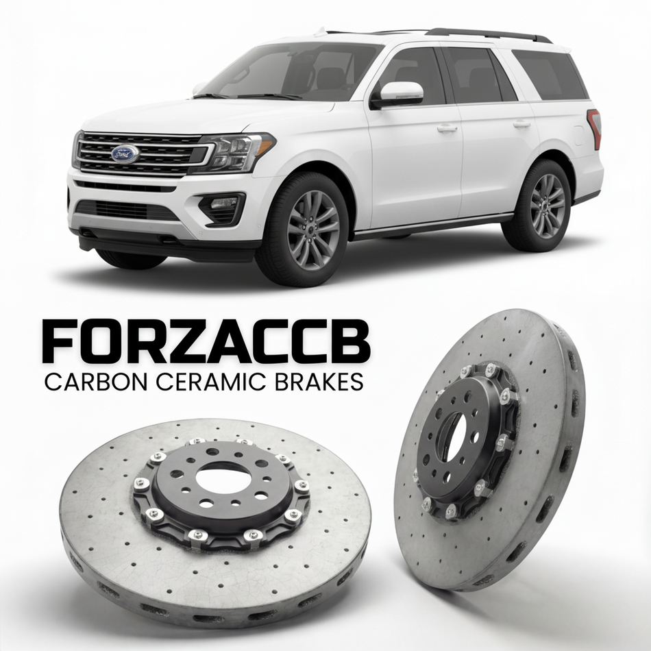 ForzaCCB direct OEM replacement carbon ceramic brake rotors for 2017-2021) Ford Expedition IV MAX (U553 models, shown with a white Ford Expedition car.