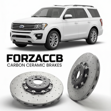 ForzaCCB direct OEM replacement carbon ceramic brake rotors for 2017-2021) Ford Expedition IV (U553 models, shown with a white Ford Expedition car.