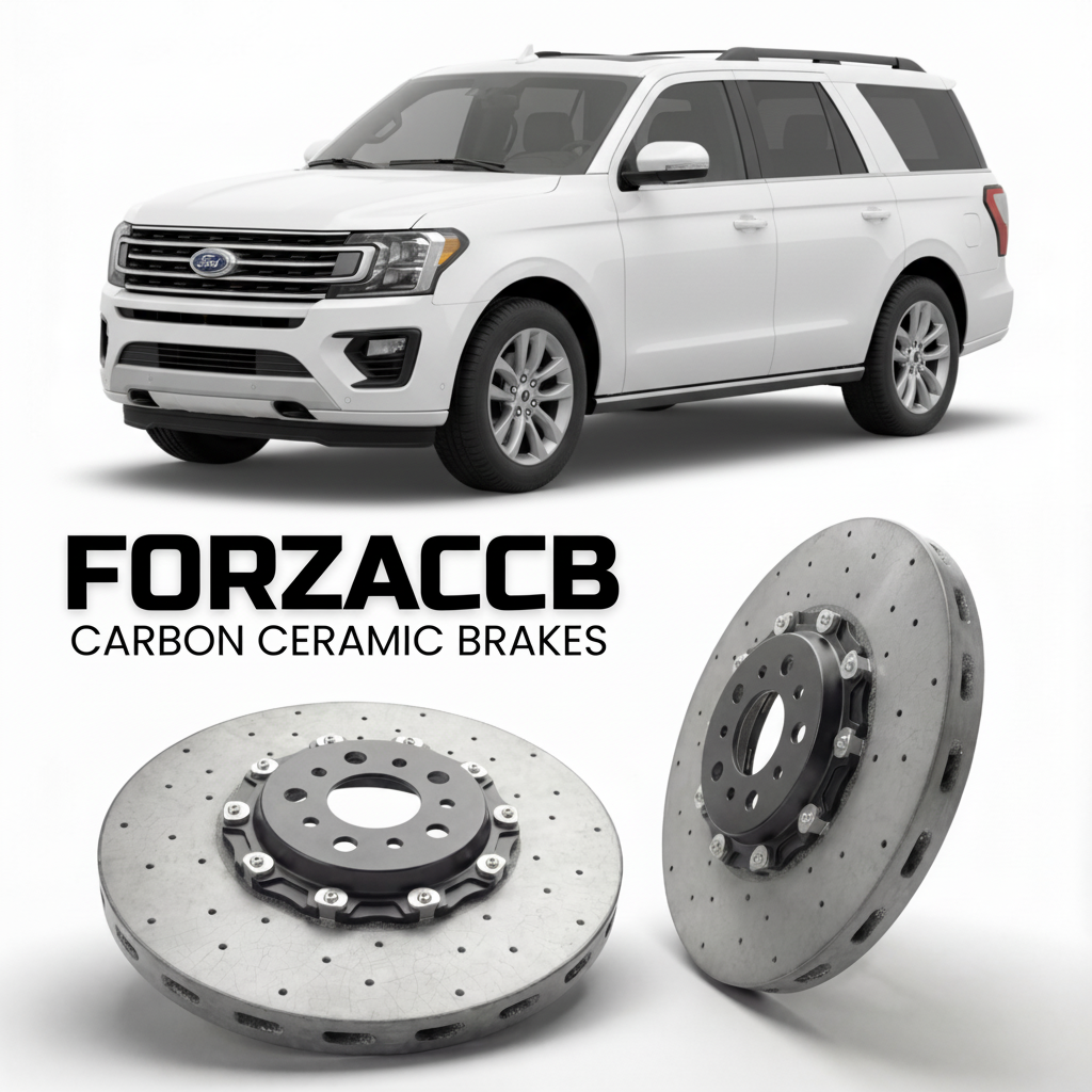 ForzaCCB direct OEM replacement carbon ceramic brake rotors for 2017-2021) Ford Expedition IV (U553 models, shown with a white Ford Expedition car.