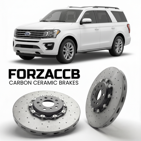 ForzaCCB direct OEM replacement carbon ceramic brake rotors for 2017-2021) Ford Expedition IV (U553 models, shown with a white Ford Expedition car.