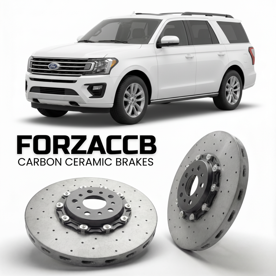 ForzaCCB direct OEM replacement carbon ceramic brake rotors for 2017-2021) Ford Expedition IV (U553 models, shown with a white Ford Expedition car.