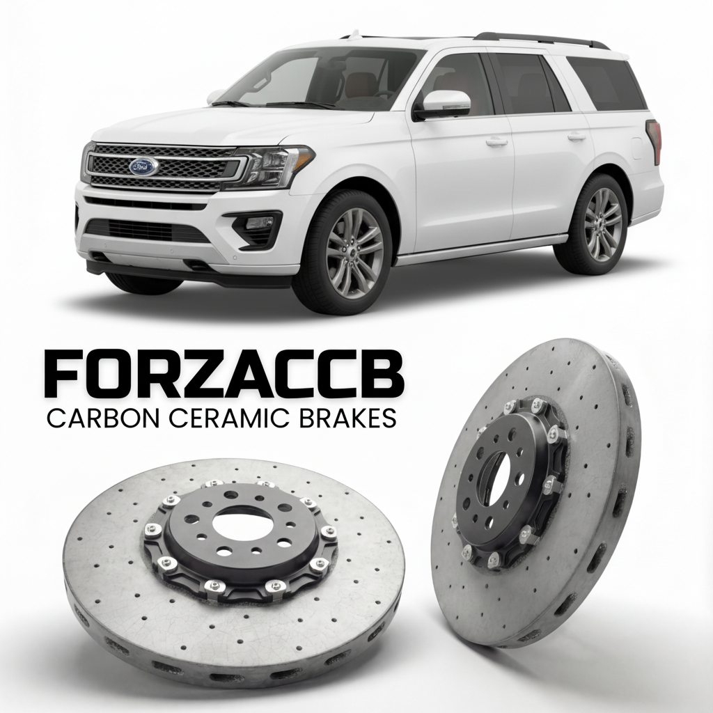 ForzaCCB direct OEM replacement carbon ceramic brake rotors for 2021-2024) Ford Expedition IV MAX (U553, facelift 2021 models, shown with a white Ford Expedition car.