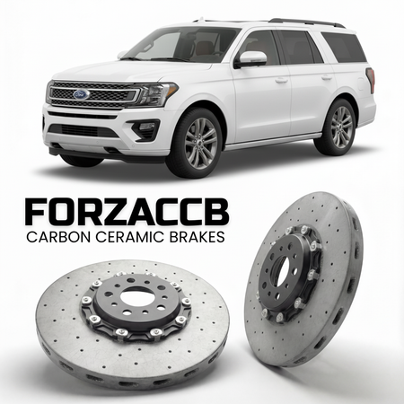 ForzaCCB direct OEM replacement carbon ceramic brake rotors for 2021-2024) Ford Expedition IV MAX (U553, facelift 2021 models, shown with a white Ford Expedition car.