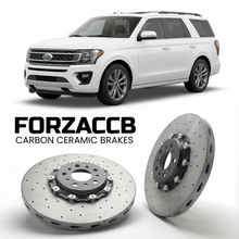 ForzaCCB direct OEM replacement carbon ceramic brake rotors for 2021-2024) Ford Expedition IV (U553, facelift 2021 models, shown with a white Ford Expedition car.
