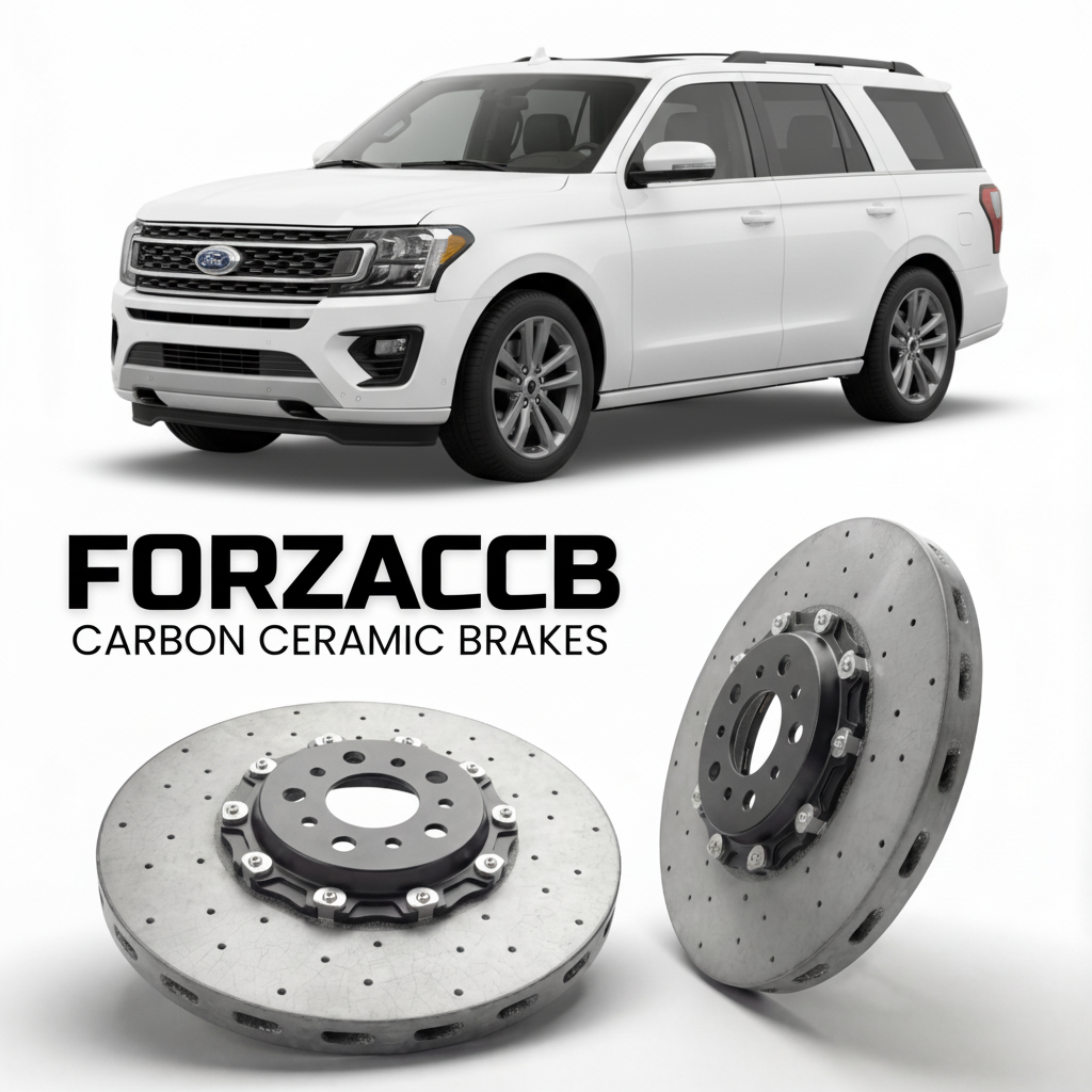 ForzaCCB direct OEM replacement carbon ceramic brake rotors for 2021-2024) Ford Expedition IV (U553, facelift 2021 models, shown with a white Ford Expedition car.