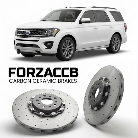 ForzaCCB direct OEM replacement carbon ceramic brake rotors for 2021-2024) Ford Expedition IV (U553, facelift 2021 models, shown with a white Ford Expedition car.
