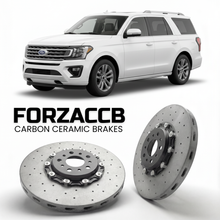ForzaCCB direct OEM replacement carbon ceramic brake rotors for 2024 and newer Ford Expedition V models, shown with a white Ford Expedition car.