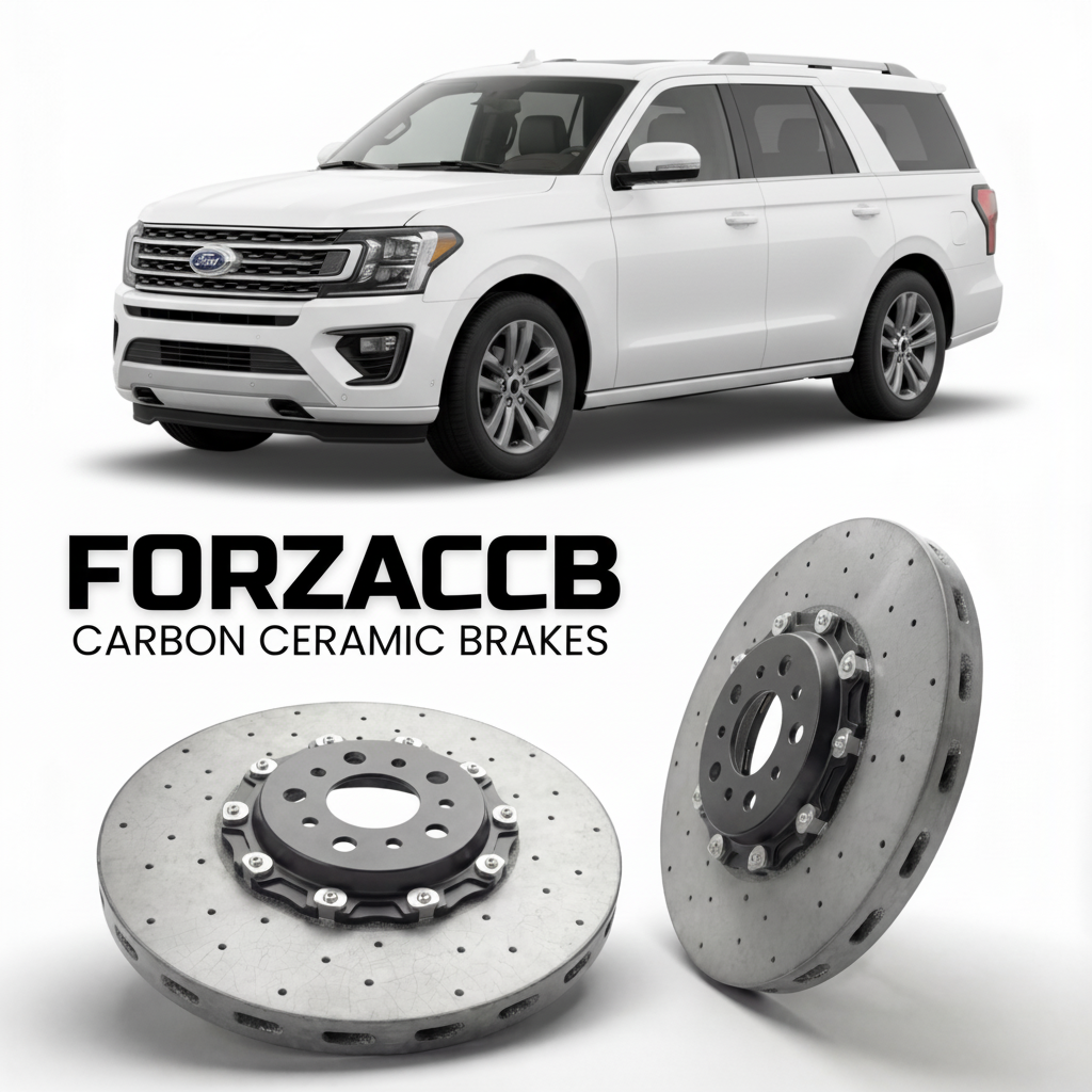 ForzaCCB direct OEM replacement carbon ceramic brake rotors for 2024 and newer Ford Expedition V models, shown with a white Ford Expedition car.
