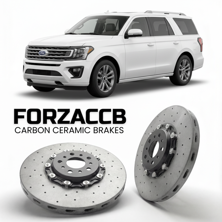 ForzaCCB direct OEM replacement carbon ceramic brake rotors for 2024 and newer Ford Expedition V models, shown with a white Ford Expedition car.