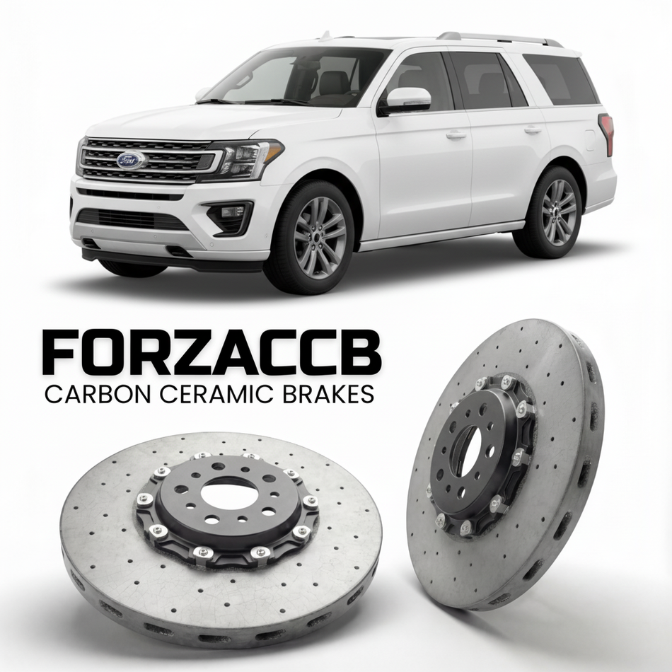 ForzaCCB direct OEM replacement carbon ceramic brake rotors for 2024 and newer Ford Expedition V models, shown with a white Ford Expedition car.