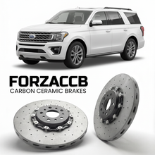 ForzaCCB direct OEM replacement carbon ceramic brake rotors for 2024 and newer Ford Expedition V MAX models, shown with a white Ford Expedition car.