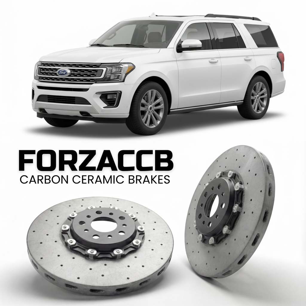 ForzaCCB direct OEM replacement carbon ceramic brake rotors for 2024 and newer Ford Expedition V MAX models, shown with a white Ford Expedition car.