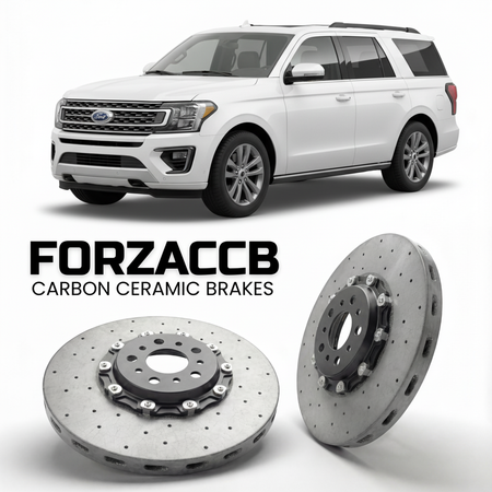 ForzaCCB direct OEM replacement carbon ceramic brake rotors for 2024 and newer Ford Expedition V MAX models, shown with a white Ford Expedition car.