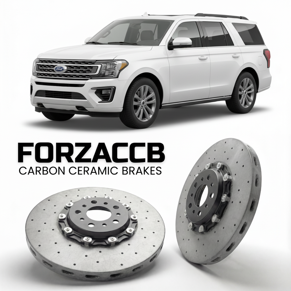 ForzaCCB direct OEM replacement carbon ceramic brake rotors for 2024 and newer Ford Expedition V MAX models, shown with a white Ford Expedition car.