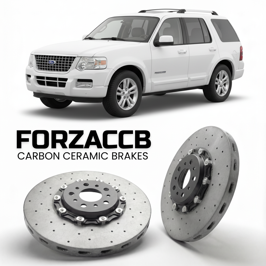 ForzaCCB direct OEM replacement carbon ceramic brake rotors for 2005 to 2005 Ford Explorer III models, shown with a white Ford Explorer car.