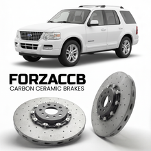 ForzaCCB direct OEM replacement carbon ceramic brake rotors for 2005 to 2005 Ford Explorer III models, shown with a white Ford Explorer car.