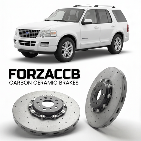 ForzaCCB direct OEM replacement carbon ceramic brake rotors for 2005 to 2005 Ford Explorer III models, shown with a white Ford Explorer car.