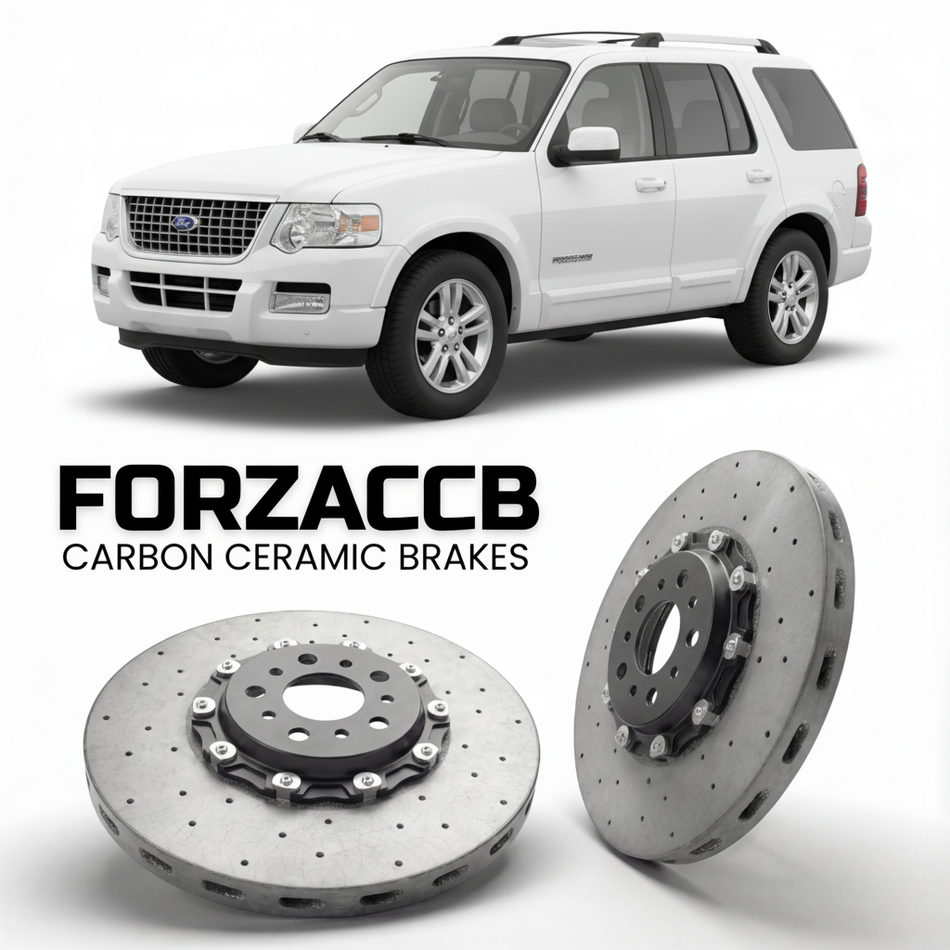 ForzaCCB direct OEM replacement carbon ceramic brake rotors for 2005 to 2005 Ford Explorer III models, shown with a white Ford Explorer car.