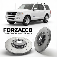 ForzaCCB direct OEM replacement carbon ceramic brake rotors for 2006 to 2010 Ford Explorer IV models, shown with a white Ford Explorer car.