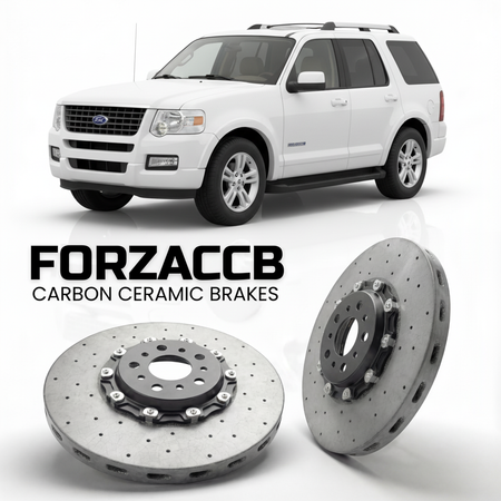 ForzaCCB direct OEM replacement carbon ceramic brake rotors for 2006 to 2010 Ford Explorer IV models, shown with a white Ford Explorer car.