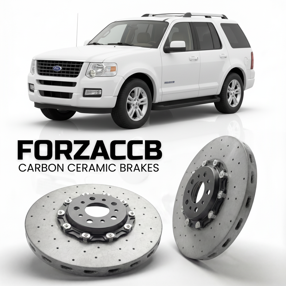 ForzaCCB direct OEM replacement carbon ceramic brake rotors for 2006 to 2010 Ford Explorer IV models, shown with a white Ford Explorer car.
