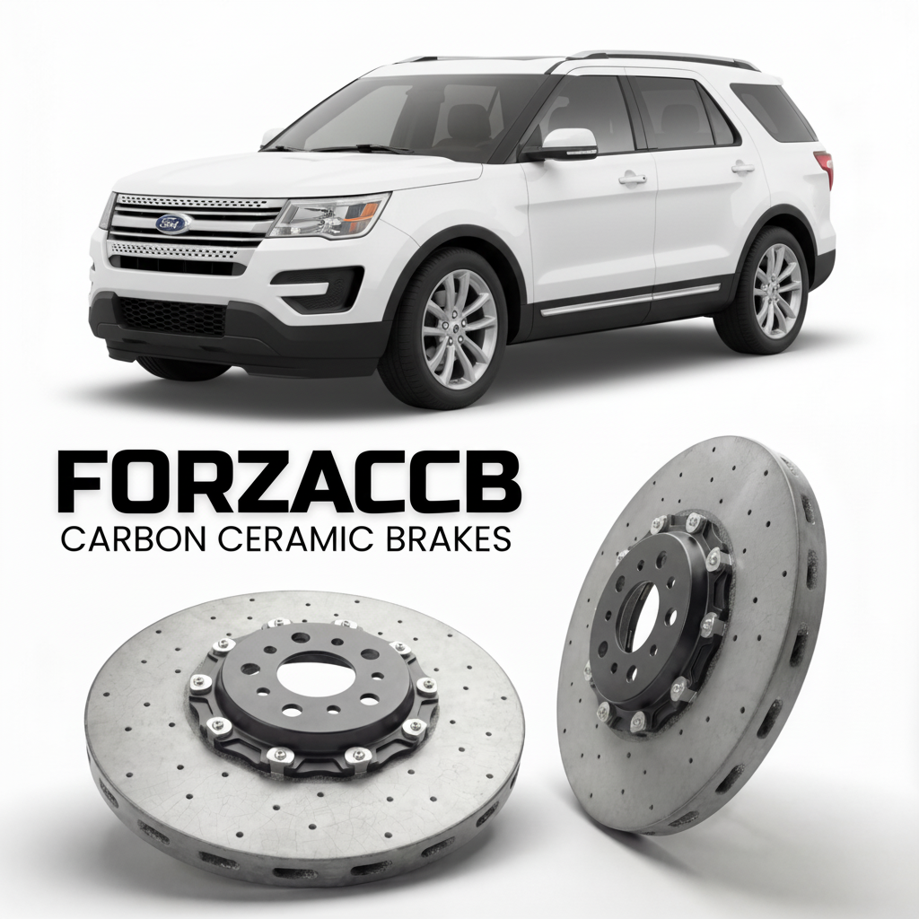 ForzaCCB direct OEM replacement carbon ceramic brake rotors for 2011 to 2016 Ford Explorer V models, shown with a white Ford Explorer car.