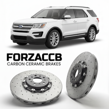 ForzaCCB direct OEM replacement carbon ceramic brake rotors for 2011 to 2016 Ford Explorer V models, shown with a white Ford Explorer car.