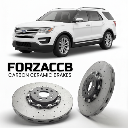 ForzaCCB direct OEM replacement carbon ceramic brake rotors for 2011 to 2016 Ford Explorer V models, shown with a white Ford Explorer car.