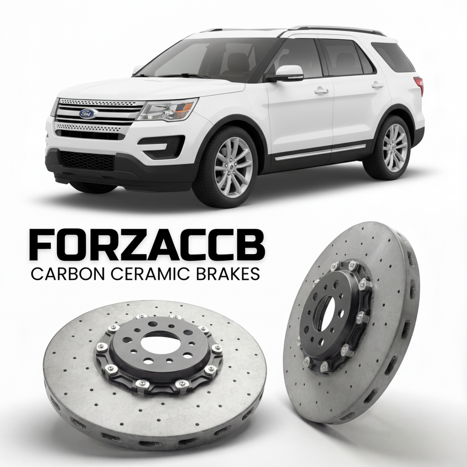 ForzaCCB direct OEM replacement carbon ceramic brake rotors for 2011 to 2016 Ford Explorer V models, shown with a white Ford Explorer car.