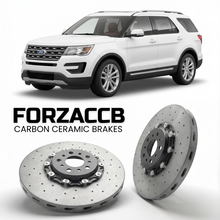 ForzaCCB direct OEM replacement carbon ceramic brake rotors for 2016-2018) Ford Explorer V (facelift 2016 models, shown with a white Ford Explorer car.