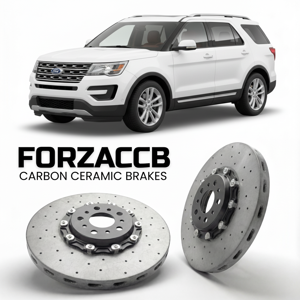 ForzaCCB direct OEM replacement carbon ceramic brake rotors for 2016-2018) Ford Explorer V (facelift 2016 models, shown with a white Ford Explorer car.