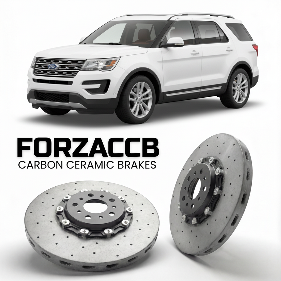 ForzaCCB direct OEM replacement carbon ceramic brake rotors for 2016-2018) Ford Explorer V (facelift 2016 models, shown with a white Ford Explorer car.
