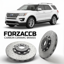 ForzaCCB direct OEM replacement carbon ceramic brake rotors for 2018-2019) Ford Explorer V (facelift 2018 models, shown with a white Ford Explorer car.