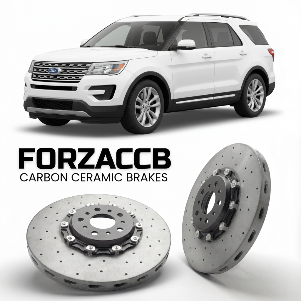 ForzaCCB direct OEM replacement carbon ceramic brake rotors for 2018-2019) Ford Explorer V (facelift 2018 models, shown with a white Ford Explorer car.