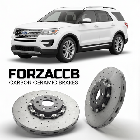 ForzaCCB direct OEM replacement carbon ceramic brake rotors for 2018-2019) Ford Explorer V (facelift 2018 models, shown with a white Ford Explorer car.