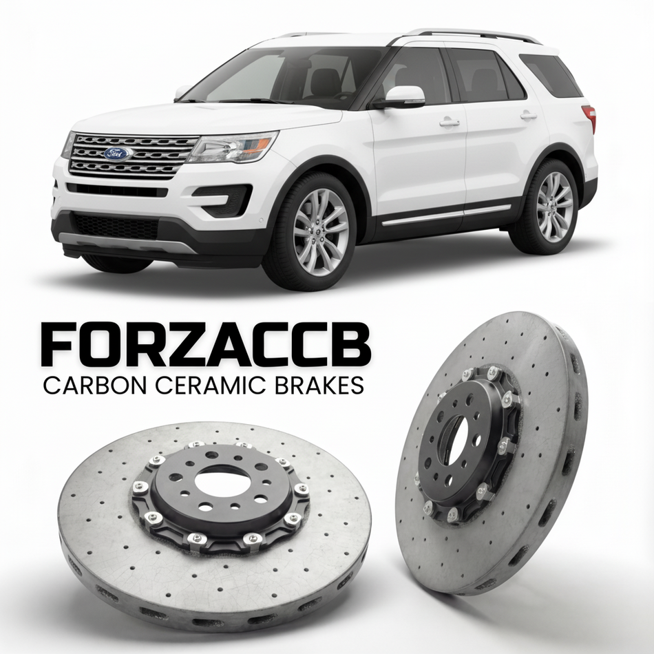 ForzaCCB direct OEM replacement carbon ceramic brake rotors for 2018-2019) Ford Explorer V (facelift 2018 models, shown with a white Ford Explorer car.