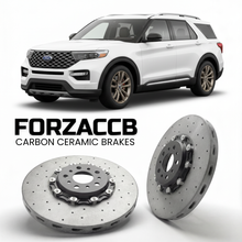 ForzaCCB direct OEM replacement carbon ceramic brake rotors for 2019 to 2024 Ford Explorer VI models, shown with a white Ford Explorer car.