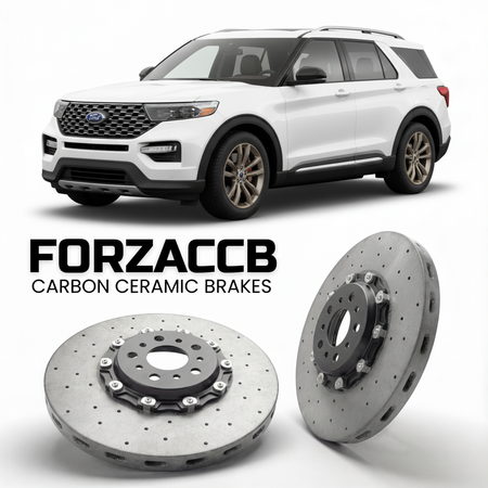 ForzaCCB direct OEM replacement carbon ceramic brake rotors for 2019 to 2024 Ford Explorer VI models, shown with a white Ford Explorer car.